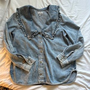 Ganni Ruffle Collar Denim Button Up / Jean Shirt Jacket